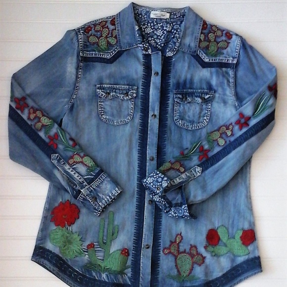 Tasha Polizzi Tops - Cactus Rose Acid Wash Denim Western Button Down